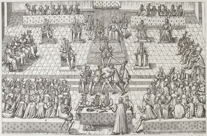 1560 salle de l'Etape Orlans Etats Gnraux gravure de Tortorel et Parrissin